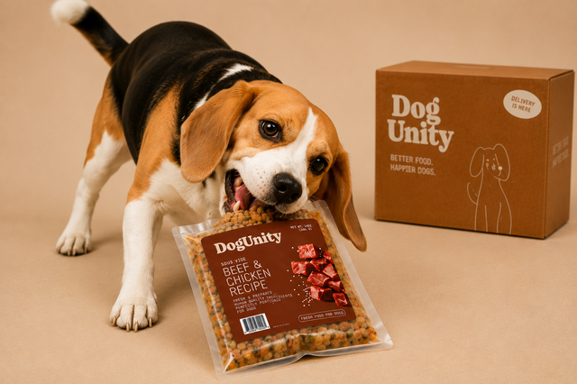 DogUnity quiz screen asking about your dog's breed and activity level