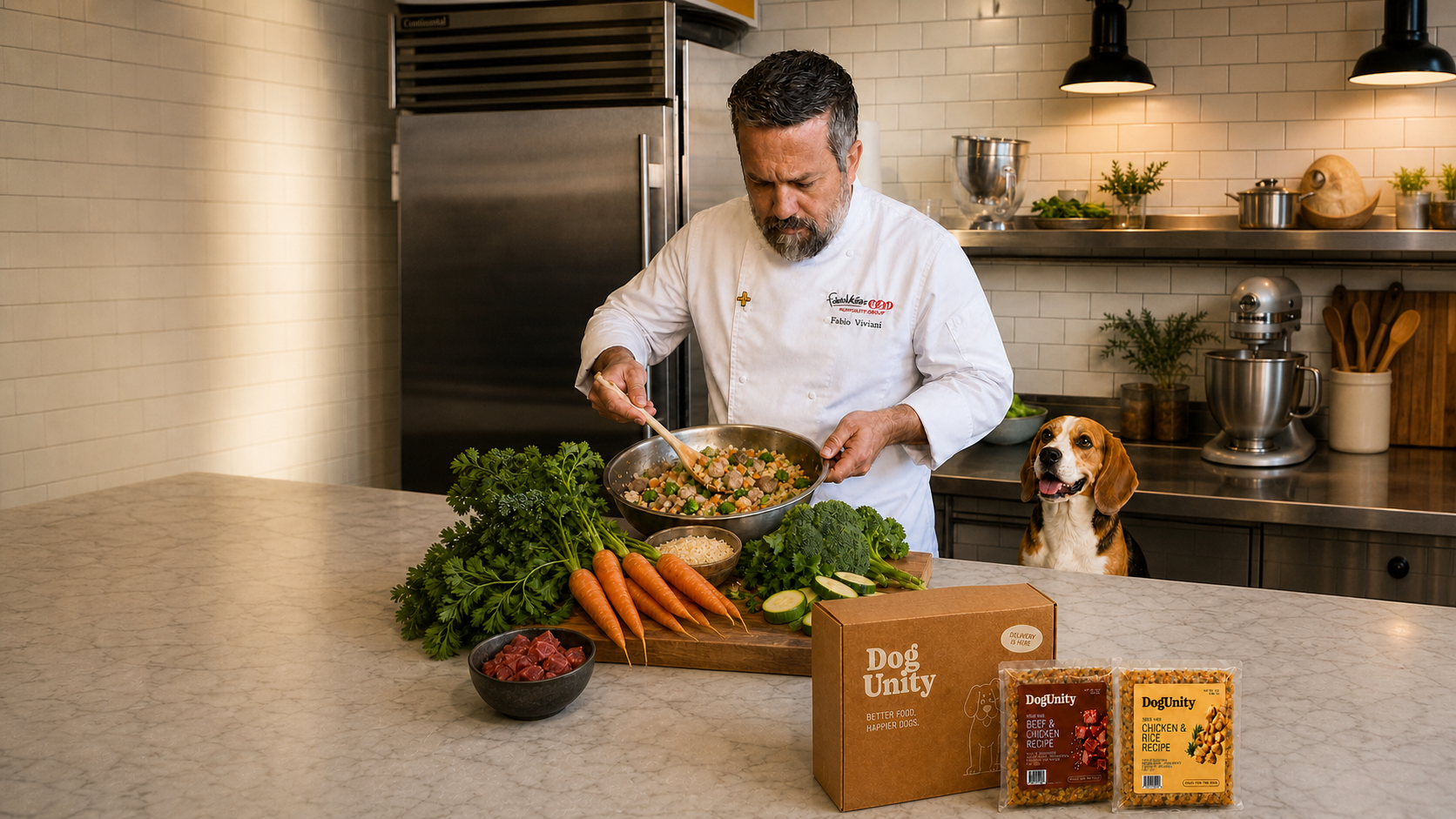 A DogUnity chef preparing fresh dog food in a bright kitchen