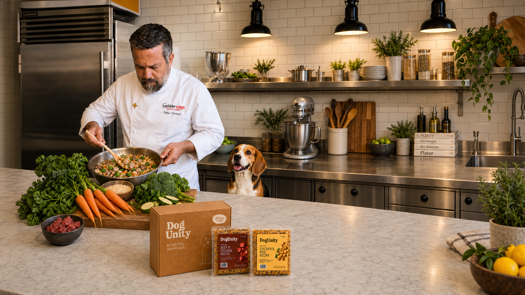A DogUnity chef preparing fresh dog food in a bright kitchen (desktop FAQ background)