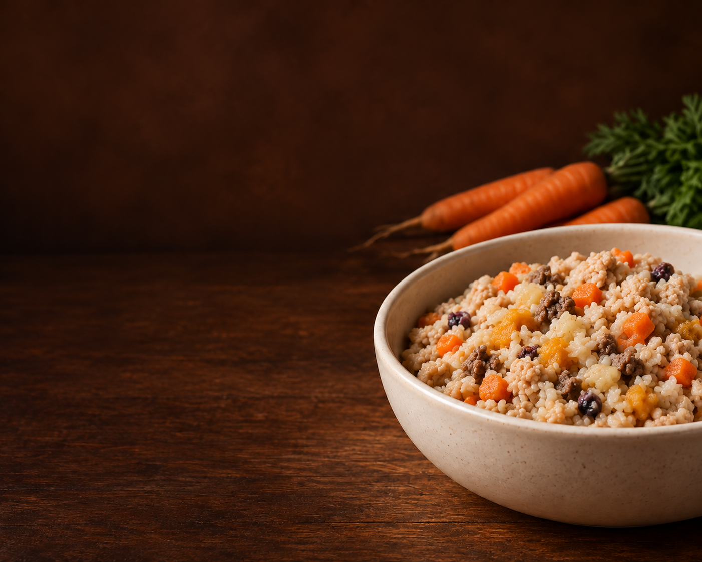 Close-up of fresh DogUnity food showing the difference between whole-food ingredients and processed kibble