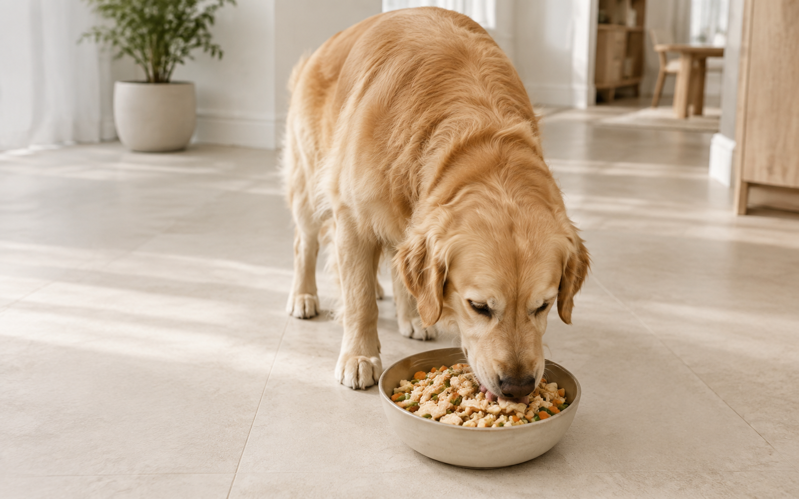 Golden retriever enjoying a fresh DogUnity meal